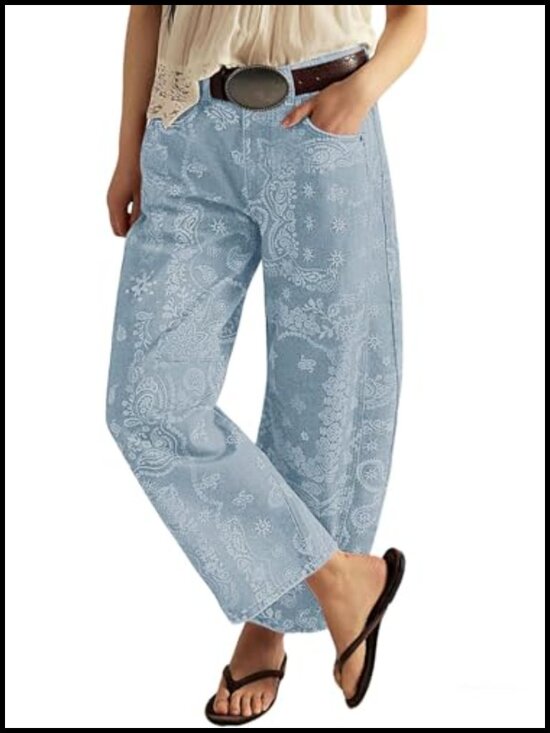 Denim - Wide Leg Barrel Jeans Floral Print Denim Ankle Pants Y2k Patchwork